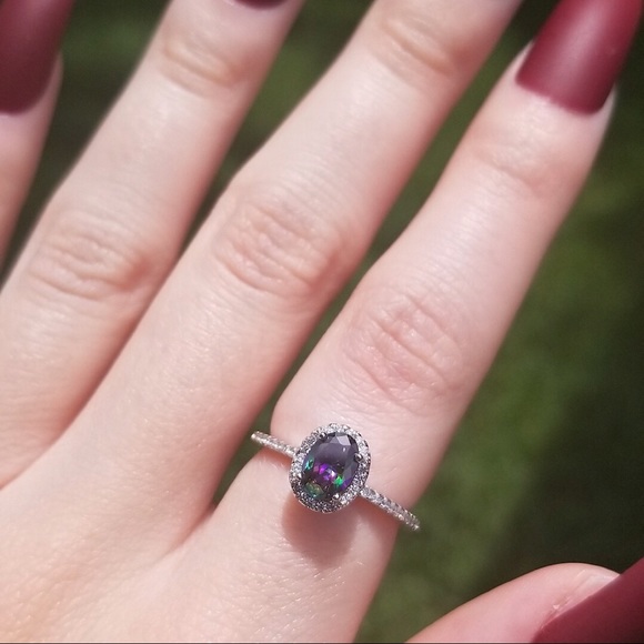 .925 Sterling Silver Rainbow Topaz Halo CZ Ring - Picture 6 of 6